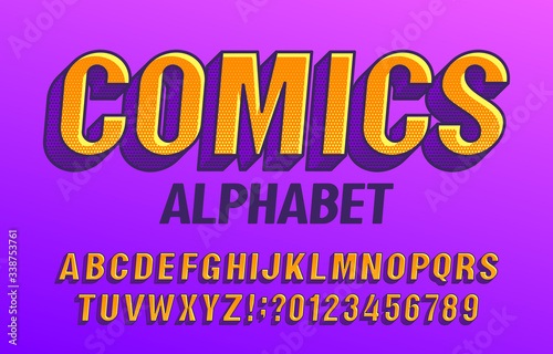 Comics alphabet font. Halftone letters and numbers in retro comic style. Stock vector illustration typography design.