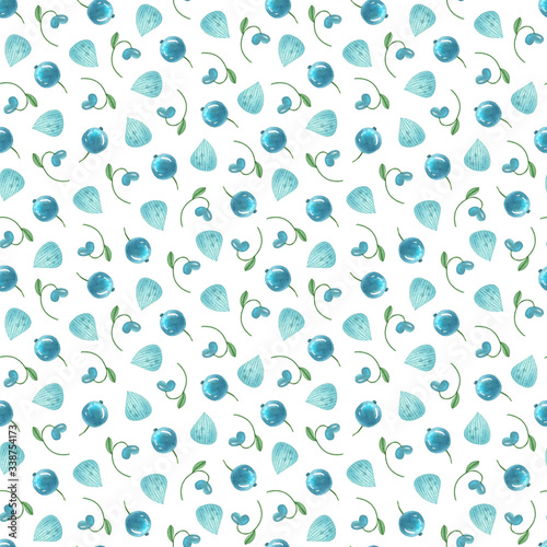 Watercolor seamless hand-illustrated flower pattern. Floral background with cartoon berries, leaves, and petals.