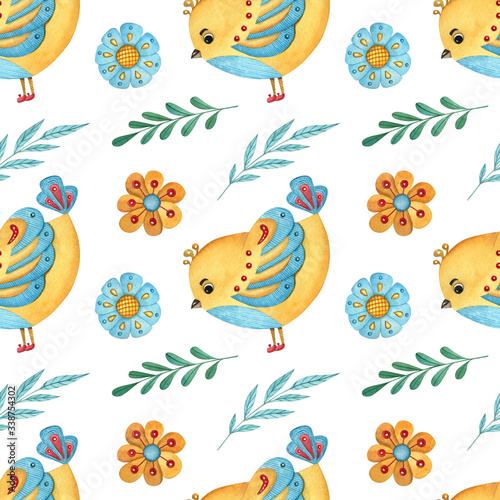 Watercolor seamless pattern with birds, leaves and flowers. Cute hand-drawn illustration for textile, scrapbooking, nursery, kids wrapping, poster, print and child decor.