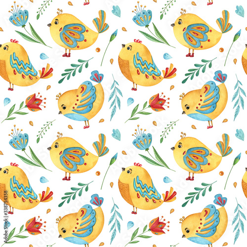 Watercolor seamless pattern with birds  leaves and flowers. Cute hand-drawn illustration for textile  scrapbooking  nursery  kids wrapping  poster  print and child decor.