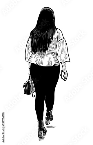 Sketch of brunette girl with bag and smartphone going away