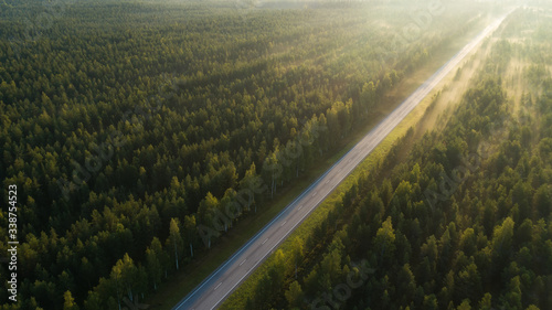 Aerial view of road in beautiful summer forest at sunrise. Beautiful landscape with empty rural road. Highway through the park. Top view from flying drone. 