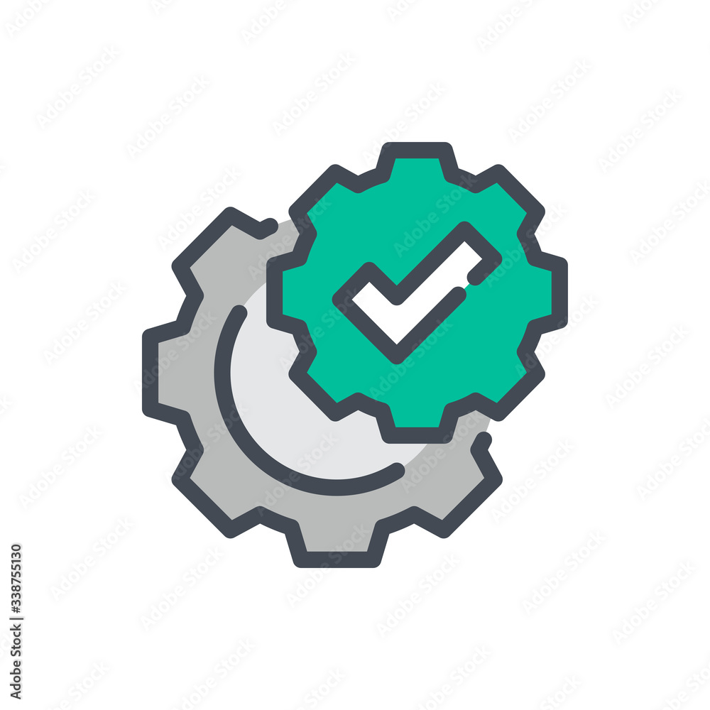 Gear with Check Mark color line icon. Maintenance Service with Tick vector outline colorful sign. Gear with Check Mark color line icon. Maintenance Service with Tick vector outline colorful sign.