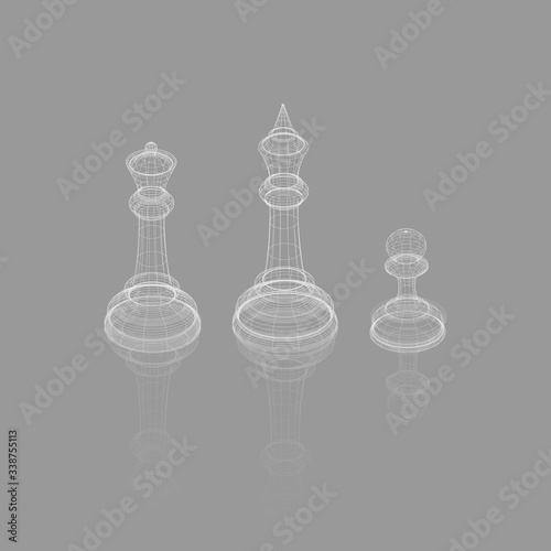 Abstract vector image of chess pieces king, queen and pawn. 3d frame illustration. Chess game concept. Polygonal art.