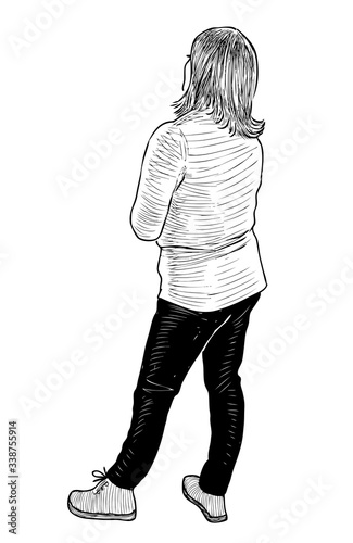 Sketch of young townswoman standing and thinking photo