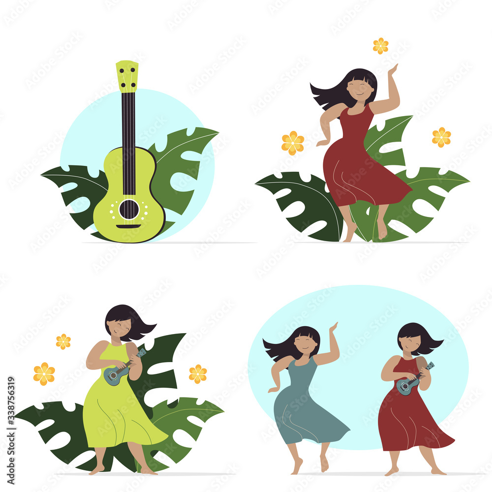 Set of elements for musical and dancing festival.  Funny cute happy women. Vector girl playing ukulele. 