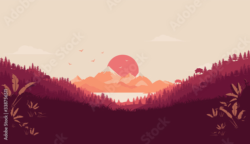 Vector landscape illustration with red sun. Beautiful view from forest over hills, sea and mountain range in background. Warm colours. Website background and wallpaper concept.