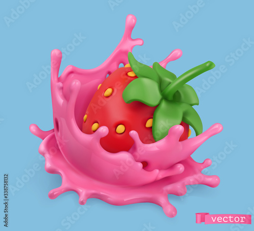 Sweet pink splash with strawberry. 3d realistic vector object
