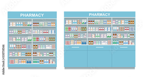 Pharmacy shelves with medicines. Two large racks isolated on white background. Concept of pharmaceutics and medication. Vector illustration. 