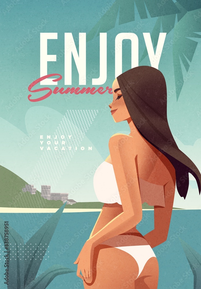Girl relaxing on the beach. Summer vacation poster or flyer design template with sexy female on the beach. Party invitation. Modern style. Vector illustration - obrazy, fototapety, plakaty 