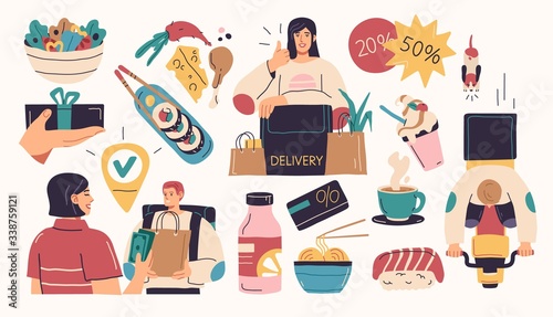 Collection of delivery service, fast food, food delivery, courier service illustrations isolated on white background. Flat cartoon colorful vector.