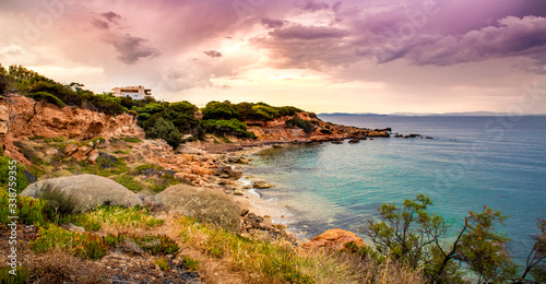 Panoramic view of a rocky beach in Rafina, Greece.