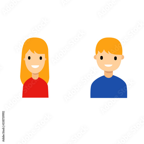 Set of two characters boy girl of school age teenagers with red hair smiling expressions on face. Vector illustration in cartoon style