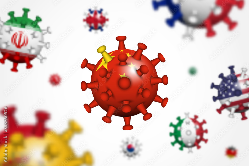COVID-19 . 3D floating corona virus with china flag , other country and depth of field . Cause of SARS , MERS COV and COVID19 in human . Global spread and worldwide infected . Vignette background . COVID-19 . 3D floating corona virus with china flag , other country and depth of field . Cause of SARS , MERS COV and COVID19 in human . Global spread and worldwide infected . Vignette background .