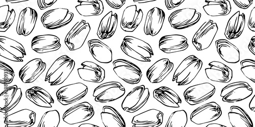 Hand drawn pistachios seamless vector illustration, black ink drawing sketch pattern on white background