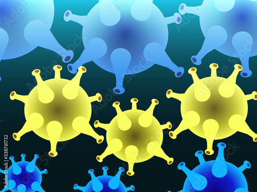 Virus illustrative pattern and background. Health care and medical science concept illustration. Colored micro organisms colony on dark backdrop