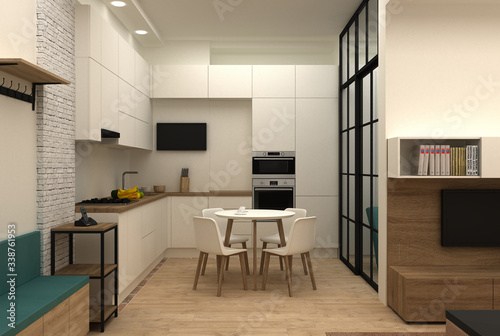 Interior design of a kitchen in compact apartment 3D render © Ramil