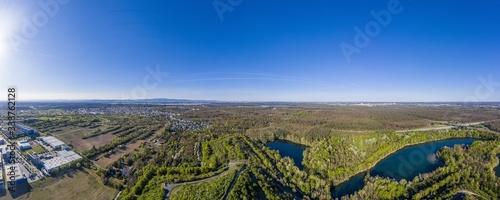 Panoramic aerial picture of local recreation area Oberwaldberg close to the city of Moerfelden-Walldorf near Frankfurt / Main