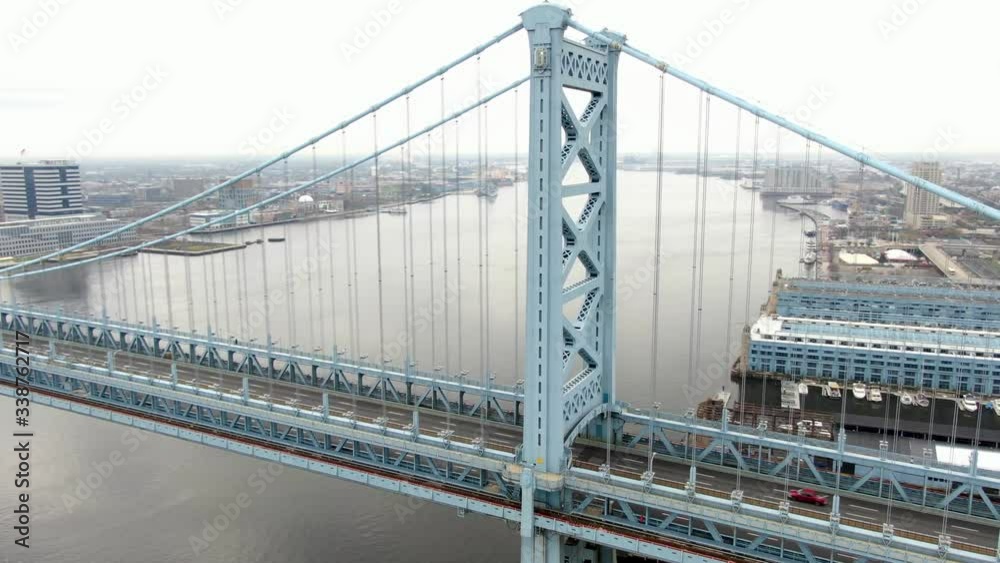 Ben Franklin Bridge spans Delaware River, no people, no traffic, Covid quarantine shutdown shelter in place, coronavirus stay at home order, aerial drone footage Ben Franklin Bridge spans Delaware River, no people, no traffic, Covid quarantine shutdown shelter in place, coronavirus stay at home order, aerial drone footage