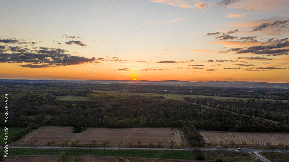 Aerial picture of sunset over Taunus mountains taken near Frankfurt / Main in spring