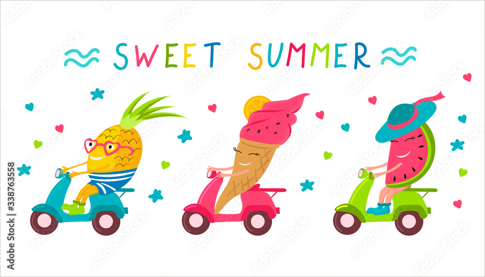 Fototapeta premium Fun pineapple, ice cream and watermelon ride on a scooter. The inscription 