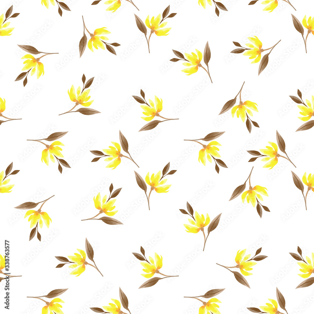 Seamless pattern with cute yellow flower branches with leaves in watercolor style on white background.
