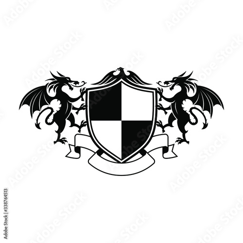 Vector heraldic illustration in vintage style with dragon, eagle, shield and ribbon for design, Design element for logo, poster, card, banner, emblem, t shirt. Vector illustration