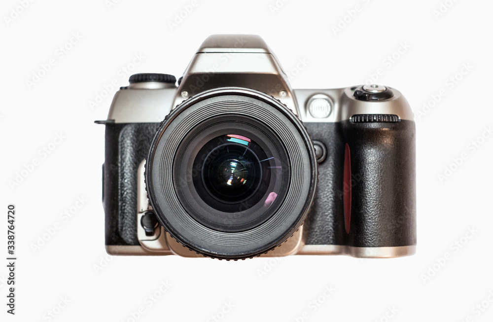 Classic photo camera isolated on white background. Retro camera. Film camera with big round lense for left handed