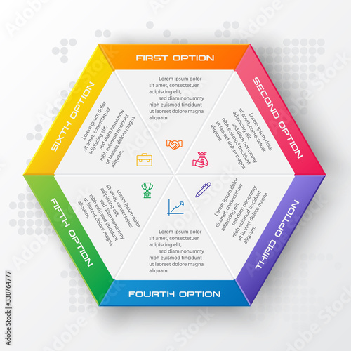 Abstract business infographics template with 6 hexagon in white color background