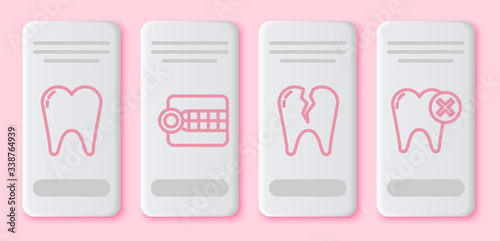 Set line Tooth, Dentures model, Broken tooth and Tooth with caries. White rectangle button. Vector