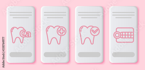 Set line Calcium for tooth, Tooth, Tooth whitening concept and Dentures model. White rectangle button. Vector
