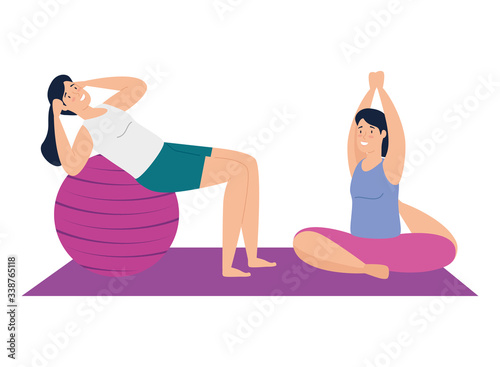 women practicing yoga and pilates vector illustration design