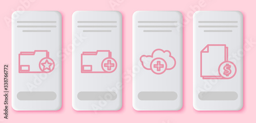 Set line Document folder with star, Add new folder, Add cloud and Finance document. White rectangle button. Vector