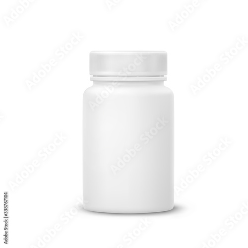 Bottle mockup isolated on white background. Medicine plastic package for pills, vitamins or capsules. Vector empty jar, container mock up.
