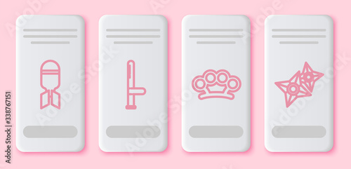 Set line Aviation bomb, Police rubber baton, Brass knuckles and Japanese ninja shuriken. White rectangle button. Vector