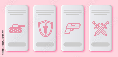 Set line Military tank, Medieval shield with sword, Pistol or gun and Crossed medieval sword. White rectangle button. Vector