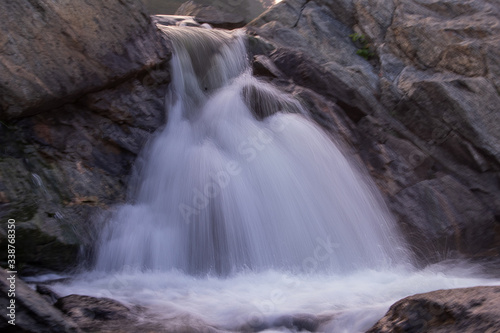 long exposure shot of a waterfall falling down between the rocks