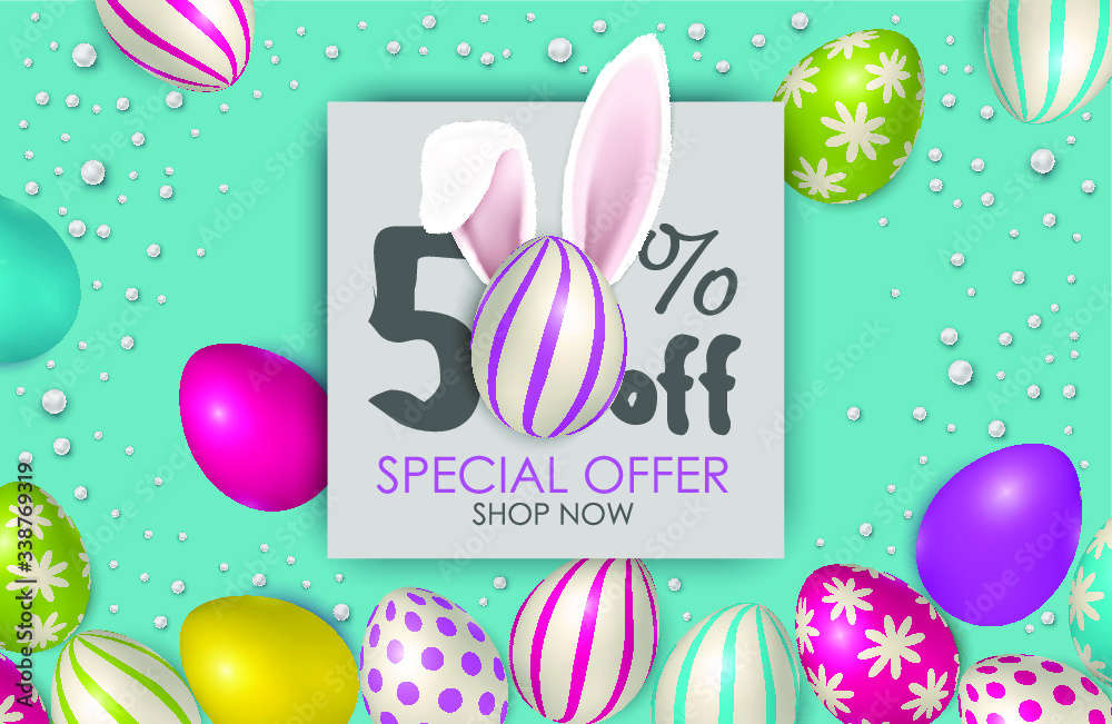 50% discount special offer happy Easter background with real composition for fashion banner, poster