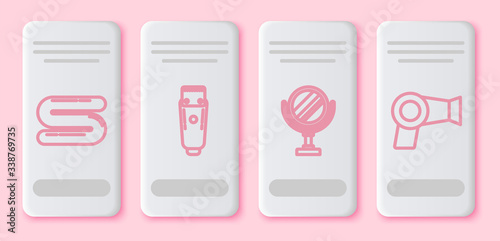 Set line Towel, Electrical hair clipper or shaver, Round makeup mirror and Hair dryer. White rectangle button. Vector