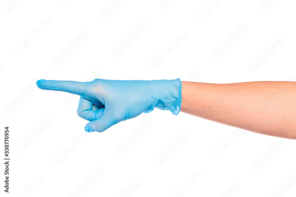 female hand in sterile gloves isolated on white background showing .hand gestures- Image
