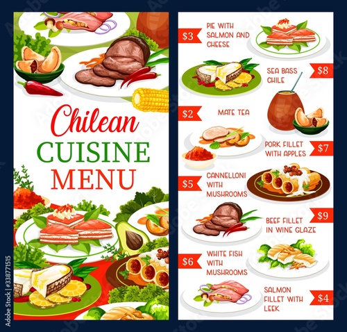 Chilean cuisine restaurant vector menu, traditional Chile food meals and dishes. South America authentic national cuisine beef and pork meat, salmon fish fillet, mate tea and cannelloni with mushrooms