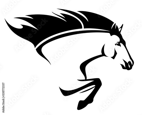 beautiful mustang horse with flying mane - speeding forward stallion side view black and white vector portrait