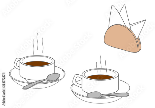 Set of two cups on saucers with teaspoons and a napkin holder with paper napkins. Vector linear illustration.