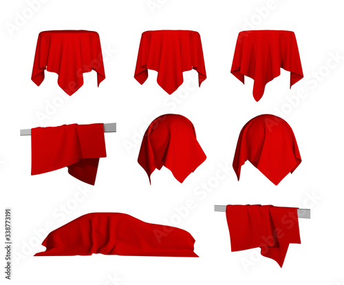Red Silk Cloth Covered Car, Table and Ball 3d Illustration