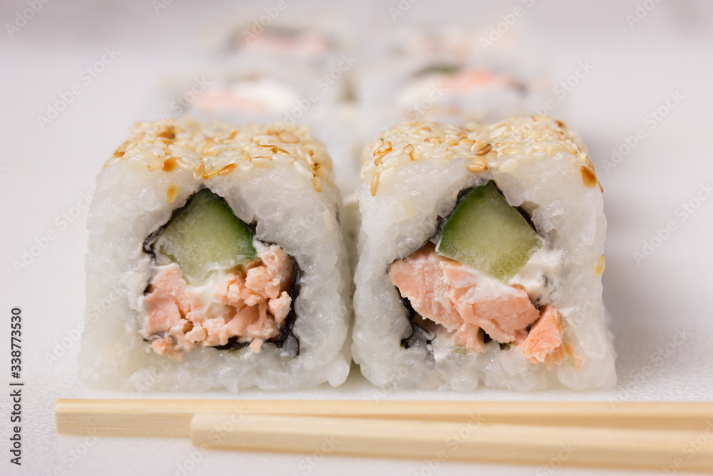 Sushi with fried salmon