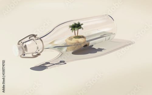 3D abstract picture of glass bottle with little island and two palms