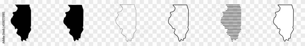 Naklejka premium Mapa stanu Illinois w kolorze czarnym | Granica stanu | Stany Zjednoczone | Ameryka USA | Przezroczysty izolowany | Wariacje