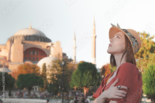 Beautiful model posing in front of Hagia Sophia elegant image from Istanbul