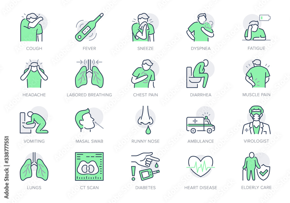 Coronavirus, flu virus symptoms line icons. Vector illustration included icon as cough, fever, lung ct scan, headache, pneumonia prevention outline pictogram for infographic, green color