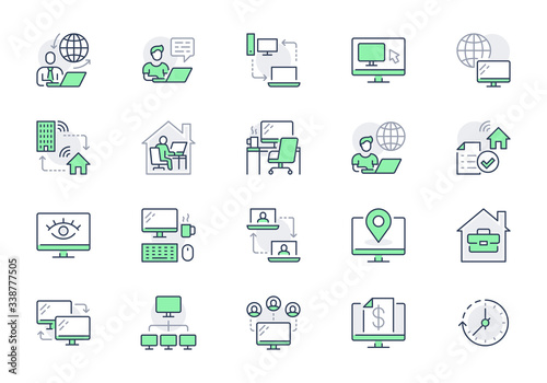 Work from home line icons. Vector illustration included icon as freelance worker with laptop, workspace, pc monitor, remote business outline pictogram for online job, green color
